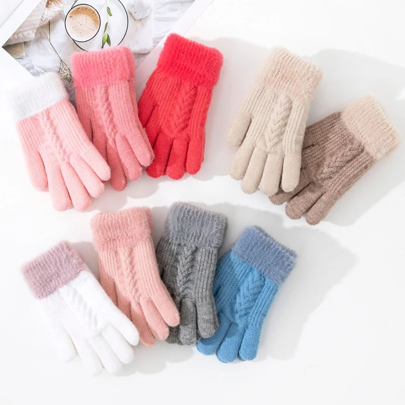 

Winter Kids Thickened Knitted Gloves Solid Color Warm Plush Children Mittens Boys Girls Riding Writing Full Fingers Guantes