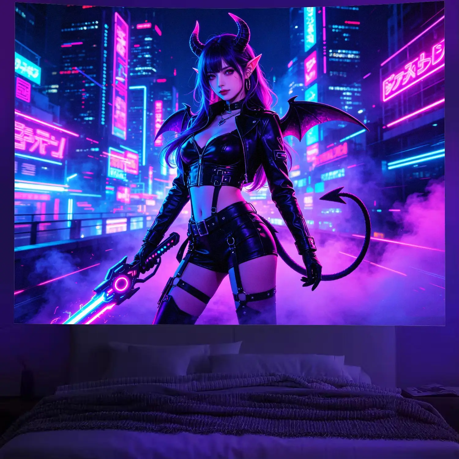 VIKAMA Neon Anime Tapestry, Cyberpunk Girl Futuristic Wall Hanging, Home Decor for Gamers’ Bedrooms and Living Rooms