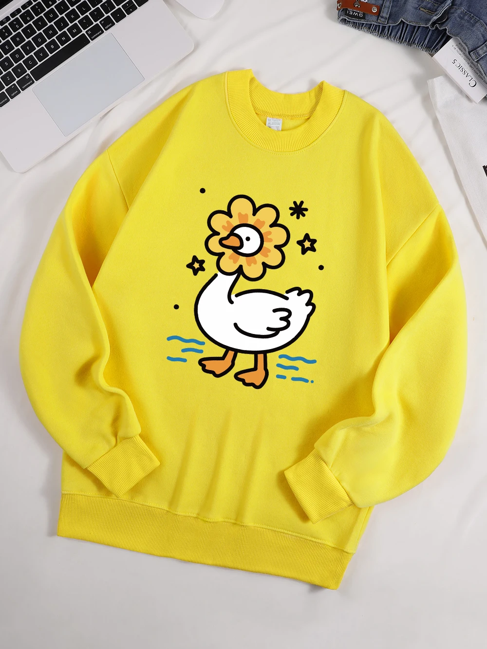 Cute Sunflower Duck Print Hoodie Women's Street Loose Pullover Basic Sports Sweater 2025 Autumn and Winter Warm Women's Clothing