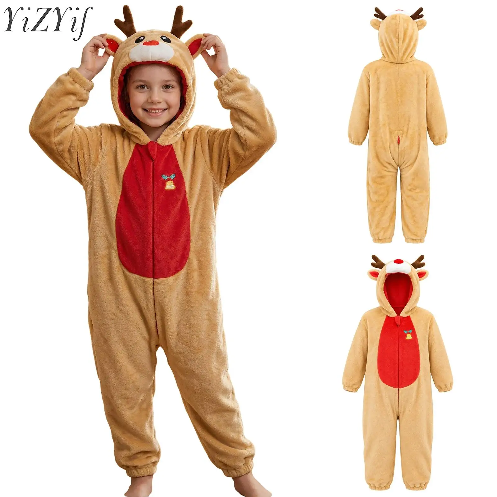 Kids Boys Girls Animal Shaped Flannel Jumpsuit Long Sleeve Hooded Romper Full Bodysuit for Halloween Role-playing Theme Party