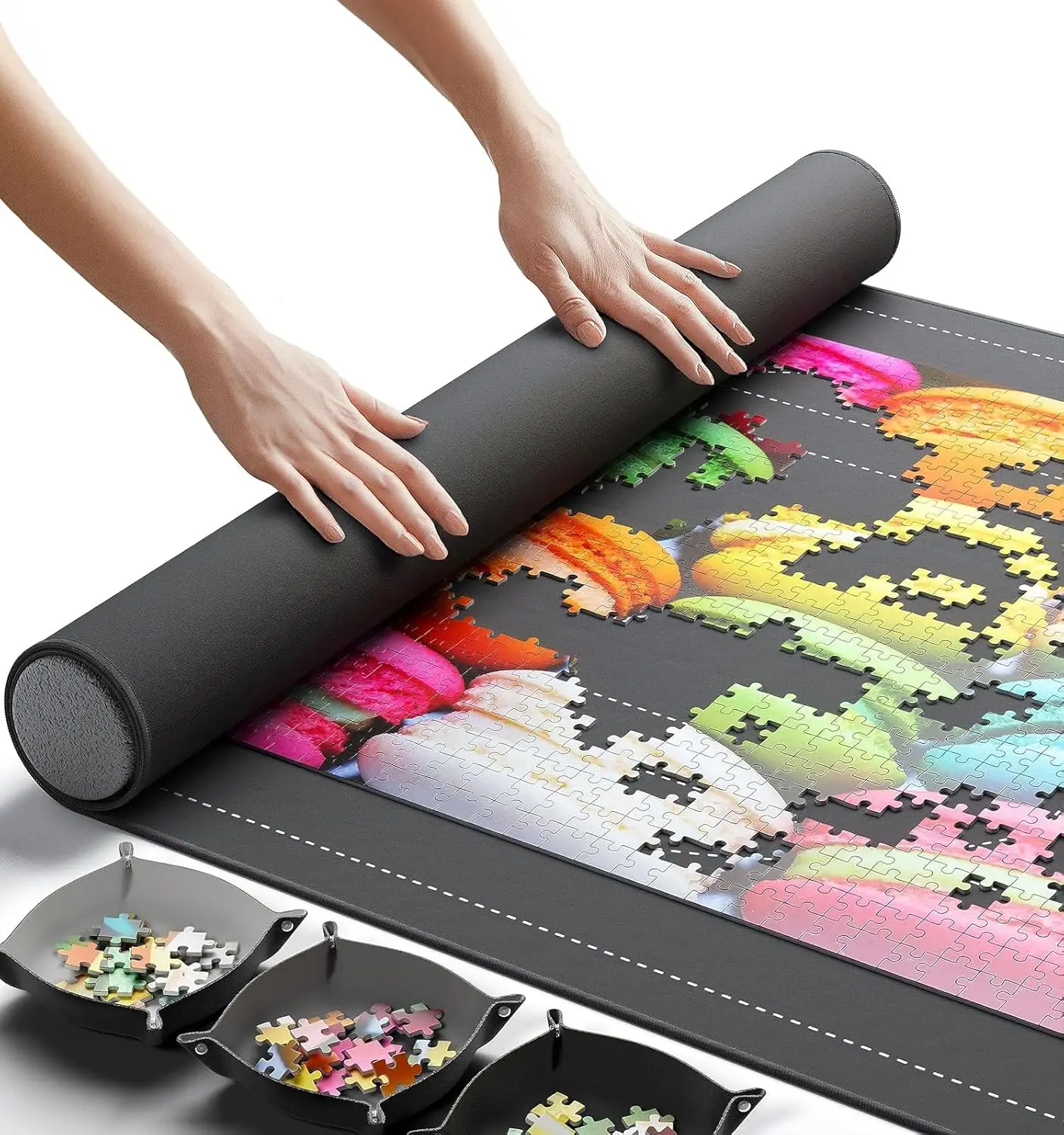

Portable Jigsaw Puzzle Mat Roll Up, 46x26 Inches with Non-Slip Bottom & Sorting Trays for Up to 1500 Pieces