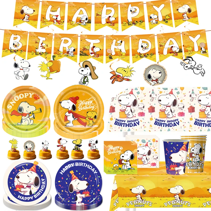 Cartoon Dog Snoopyed Plate Cup Kit Happy Birthday Party Decoration Baby Shower Favor Pet Theme Disposable Tableware Cake Topper