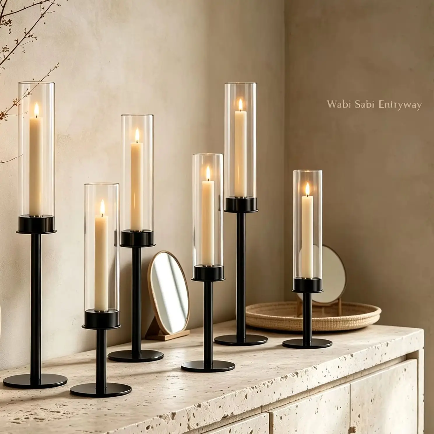 3pcs Black Minimalist Hurricane Candle Holder Set with Stable Base Modern Table Ornament for Dining Table Wedding Indoor Decorat