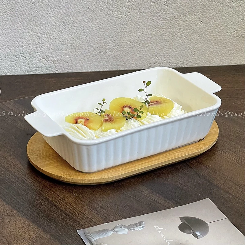 Japanese Ceramic Double-ear Plates White Oven Specific Baking Plates Household Cheese Pizza Pasta Rectangular Tablewares