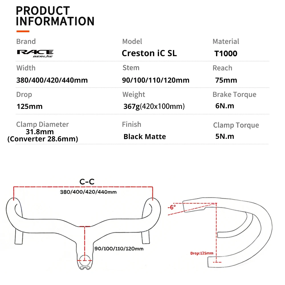 RACE Creston IC SL Carbon Handlebar Internal Routing Road Bicycle HandleBar Di2 Matte Black Integrated  Cockpit With mount,-6°