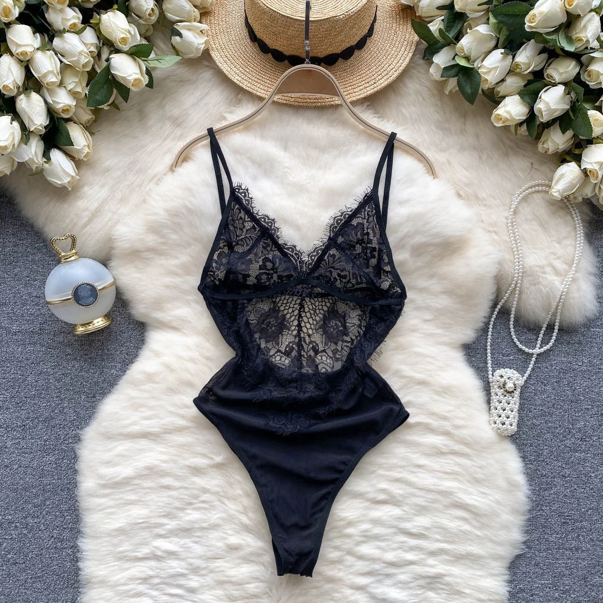 

Transparent Lace Patchwork Strappy Camisole Jumpsuit Hollow Skinny Bodysuit Clothes Sexy Erotic Porngraphic Lingerie Backless