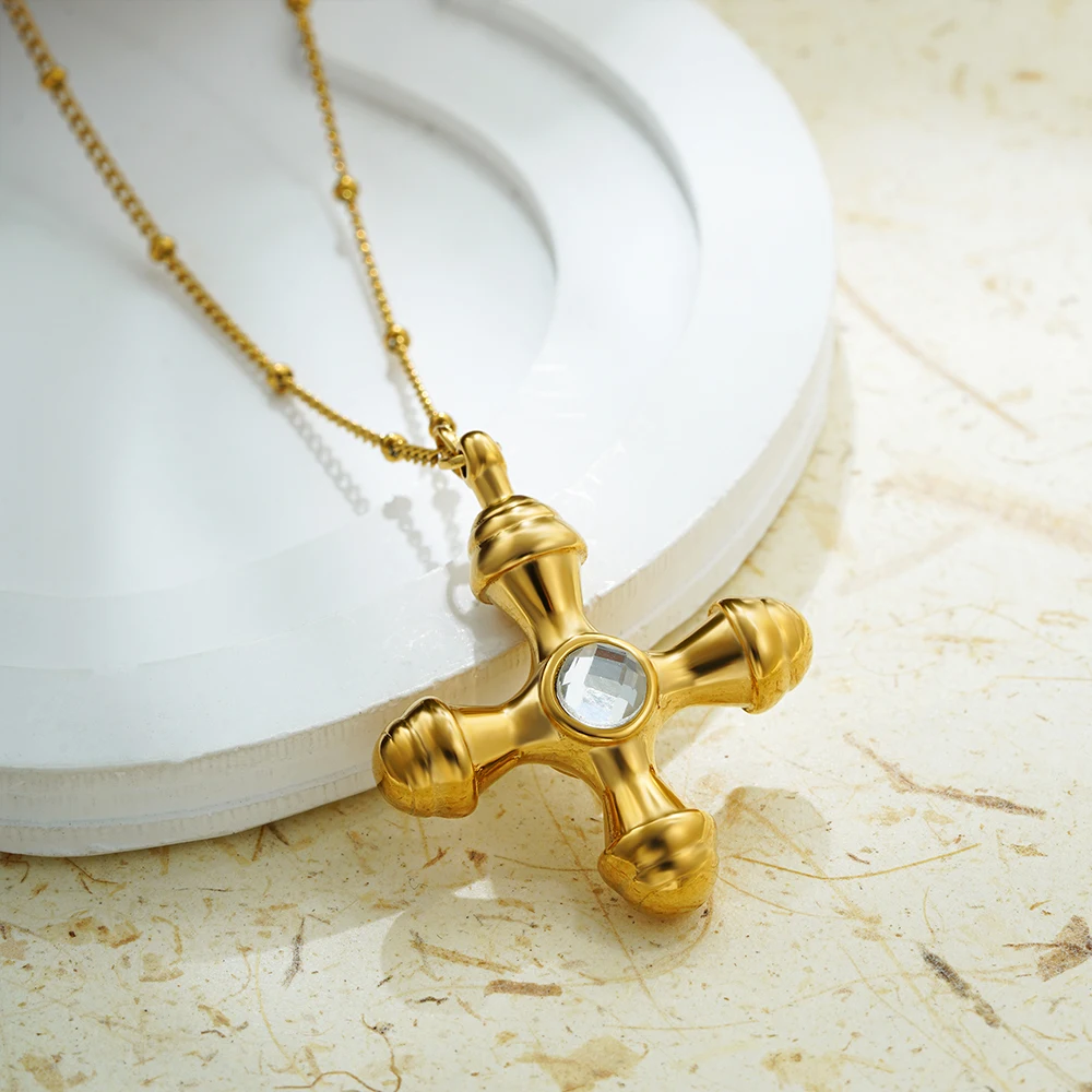 Kreative klobige dicke Kreuz-Anhänger-Halskette für Frauen, 18 Karat vergoldeter Edelstahl, Statement-Unisex-Schmuck, Bijoux