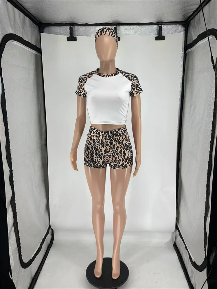 

Nibber Fashion Casual Simple 3 Piece Set Women Solid Headbands+Patchwork Crop Tops+Skinny Shorts Matching Daily Sporty Suits