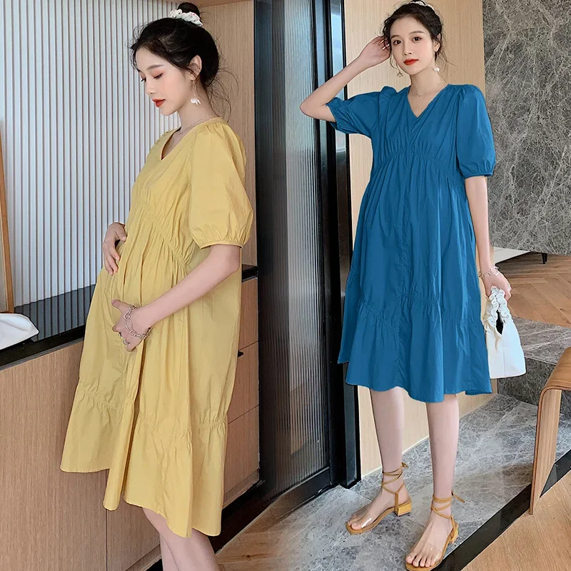 

Maternity Clothes Solid Drawstring Dress Skirt Summer Casual Pregnant Women Short Sleeve V-Neck Dresses Vestido Pregnancy