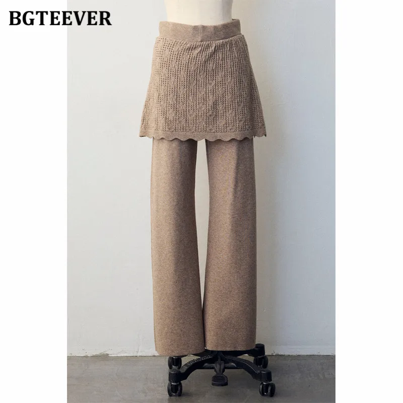 BGTEEVER Loose Batwing Sleeve Knit Pullover & Patchwork Crochet Panel Trousers Winter Two-piece Sweater Set Women