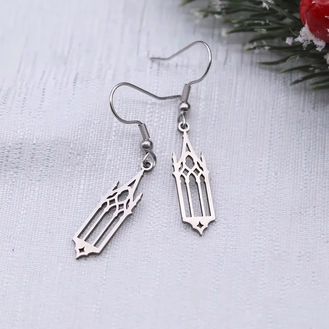 Medieval Gothic Arch Hollow Drop Earrings Stainless Steel European Cathedral Pendant Earrings for Women Daily Party Jewelry Gift