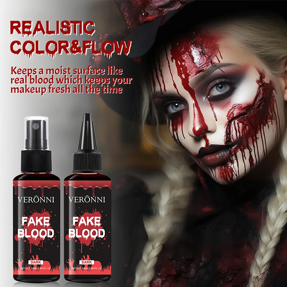 Realistic Fake Blood 50ml x 2 Bottles, Halloween SFX Makeup Blood Gel for Dripping Wound Scars Costume Cosplay Party