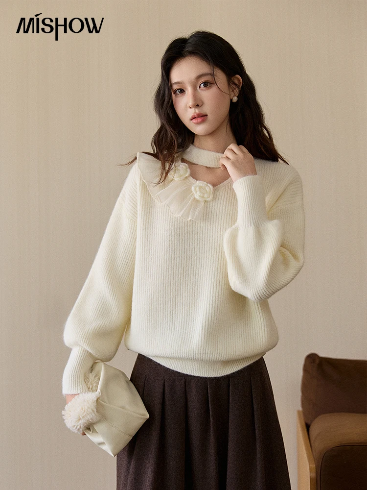 

MISHOW Women's Cutout Neck Knitted Sweater 2025 Winter Ruffle Flower Decor Dropped Lantern Sleeves Pullover Tops MXE94Z2982