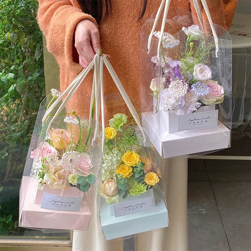 

Rose Flower Hand Packaging Box Waterproof Transparent Flower Art Arrangement Paper Box Portable Tote Florist Supplies Package