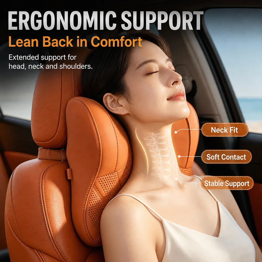 Autokopfstütze, atmungsaktives, perforiertes PU-Leder-Nackenkissen, ergonomisches, umschließendes Design zum Schutz des Nackens, weiches und bequemes Autositzkissen, geeignet für das tägliche Fahren und Reisen in Limousinen und SUVs. – Detail 2