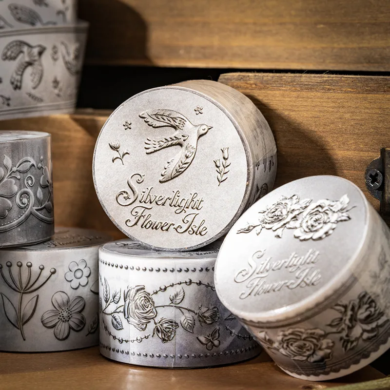 1roll/2roll Silver Light Flower Island Series Foil Style Tape Vintage Seamless Stickers DIY Supplies 6 Styles Stationery