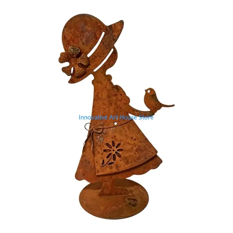 E1PC Girl Garden Figurine Iron Decoration with Open Skirt Detail and Wide Round Base for Porch, Balcony, Patio, Lawn, and Indoor