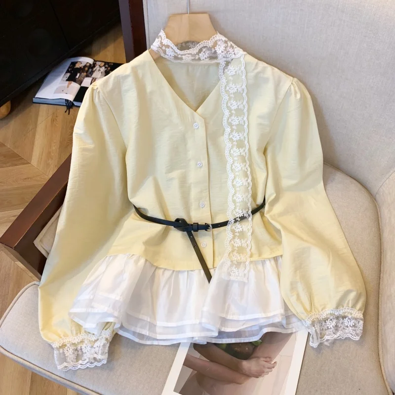 

Sweet Youth Slimming V-Neck Single Button Belted Shirt for Women Spring Summer French Style Long Sleeve Bubble Sleeve Shirt