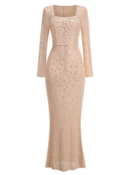 Sexy Glitter Diamonds Long Sleeve Mesh See-Through Maxi Dress Women Apricot Square Neck Shining Crystal Slim Long Gowns Party