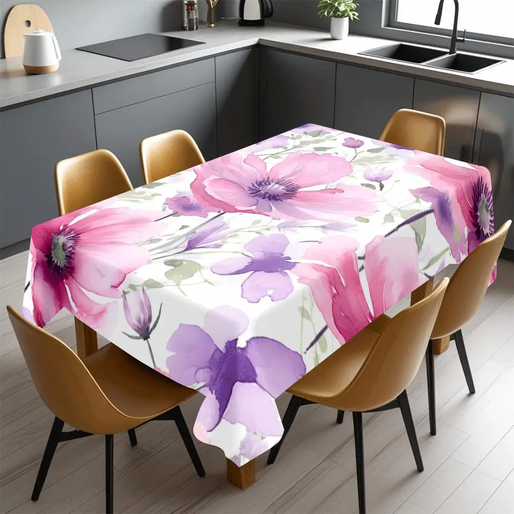 Artistic Poppy Tablecloth, White Base With Watercolor Blossom Graphics, Rectangular Table Cover for Kitchen & Dining Home Decor