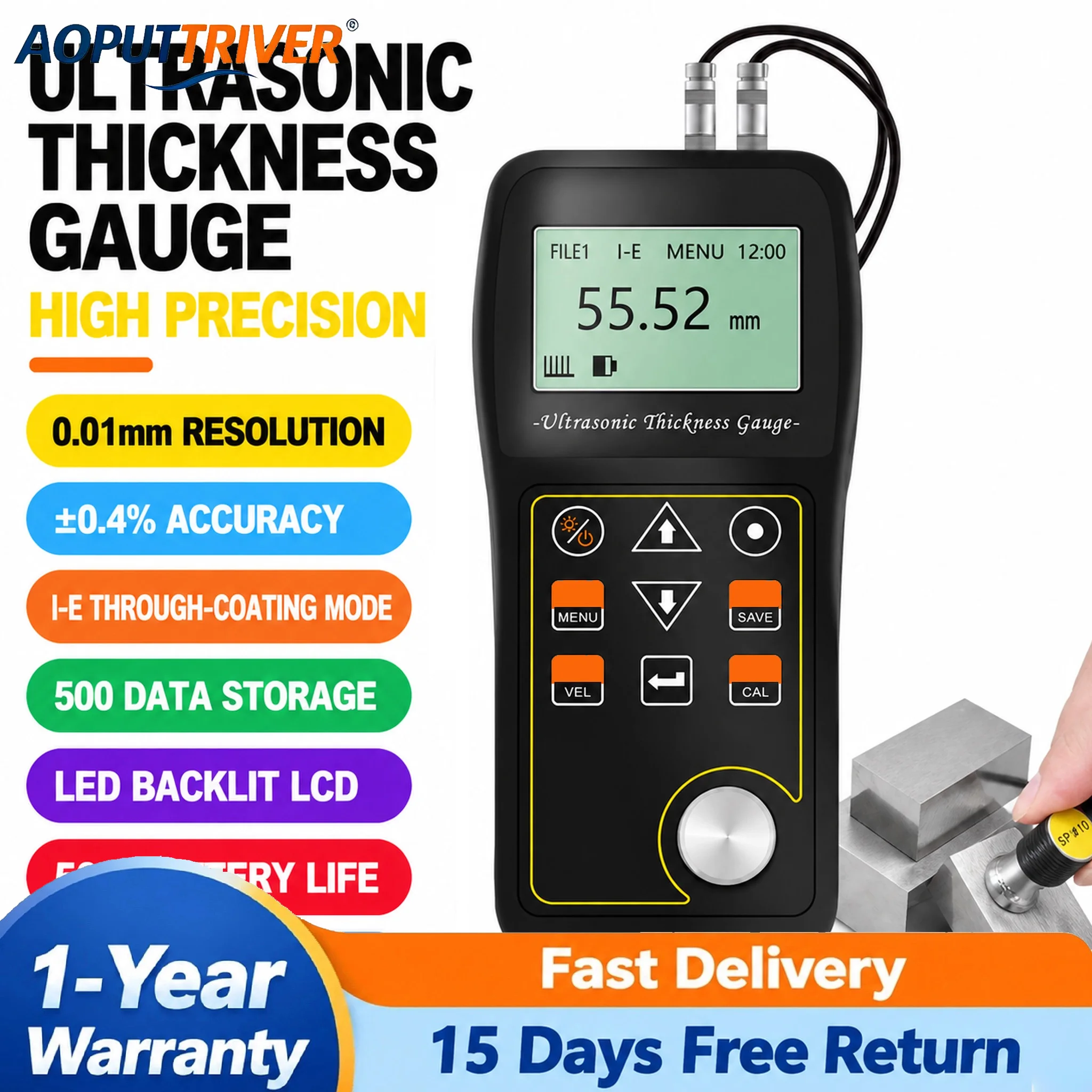 Professional Ultrasonic Thickness Gauge 3-in-1 Digital Tester for Metal Gold Silver Coin Thickness & Sound Velocity Measurement