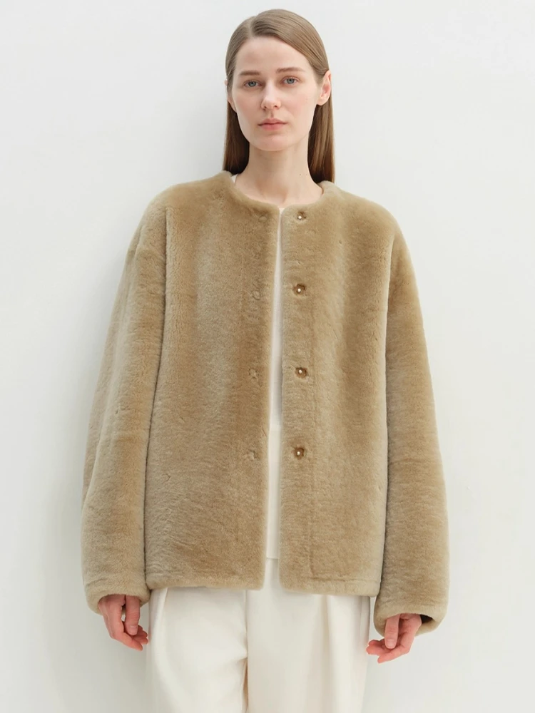 الراقية الفاخرة ميرينو الأغنام الفراء امبسوول سترة للنساء بسيطة الكلاسيكية س الرقبة الشتاء جلد طبيعي معطف الفراء الحقيقي شيرلينغ #2