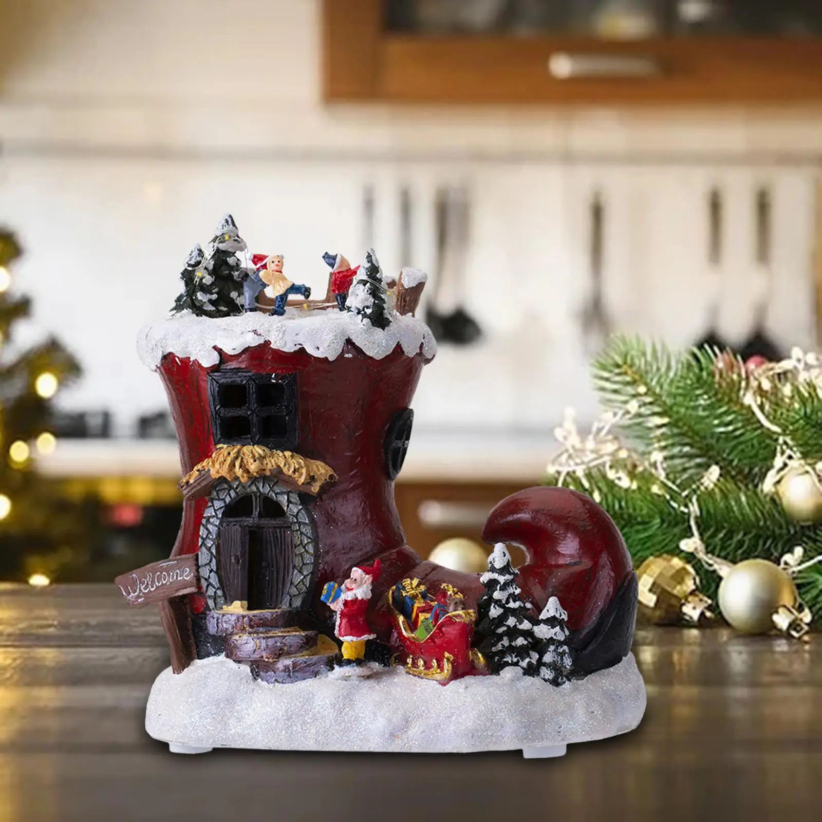 Christmas Ornament Desktop Artwork Rotating Boot House Musical Box Night Light for Restaurant Apartment Cafe Living Room Gift