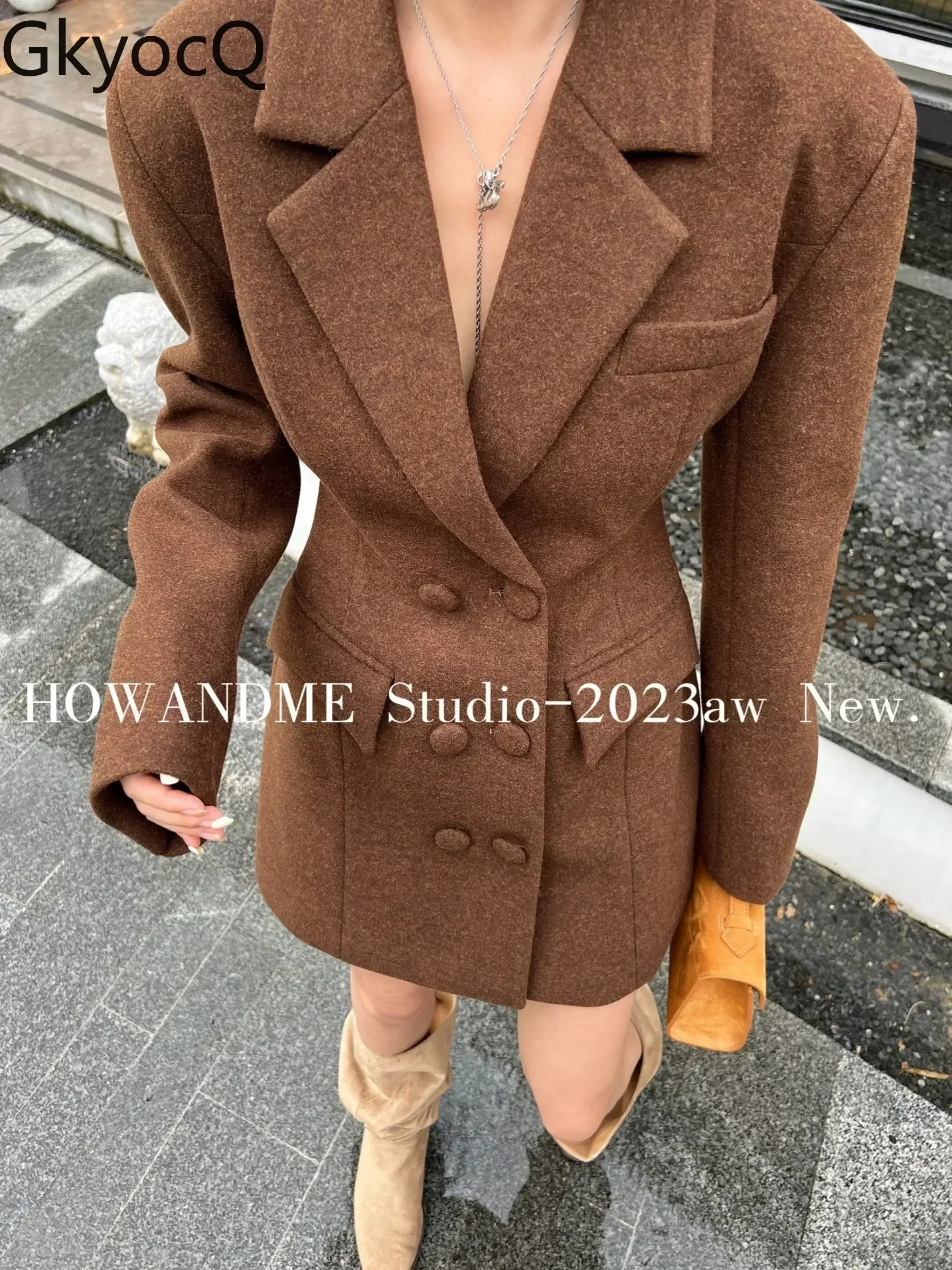 

GkyocQ 2023 Winter New Korean Version Fashion Double-breasted Suit Collar Tweed Dress Wool & Blends Waist Slim Short Dresses