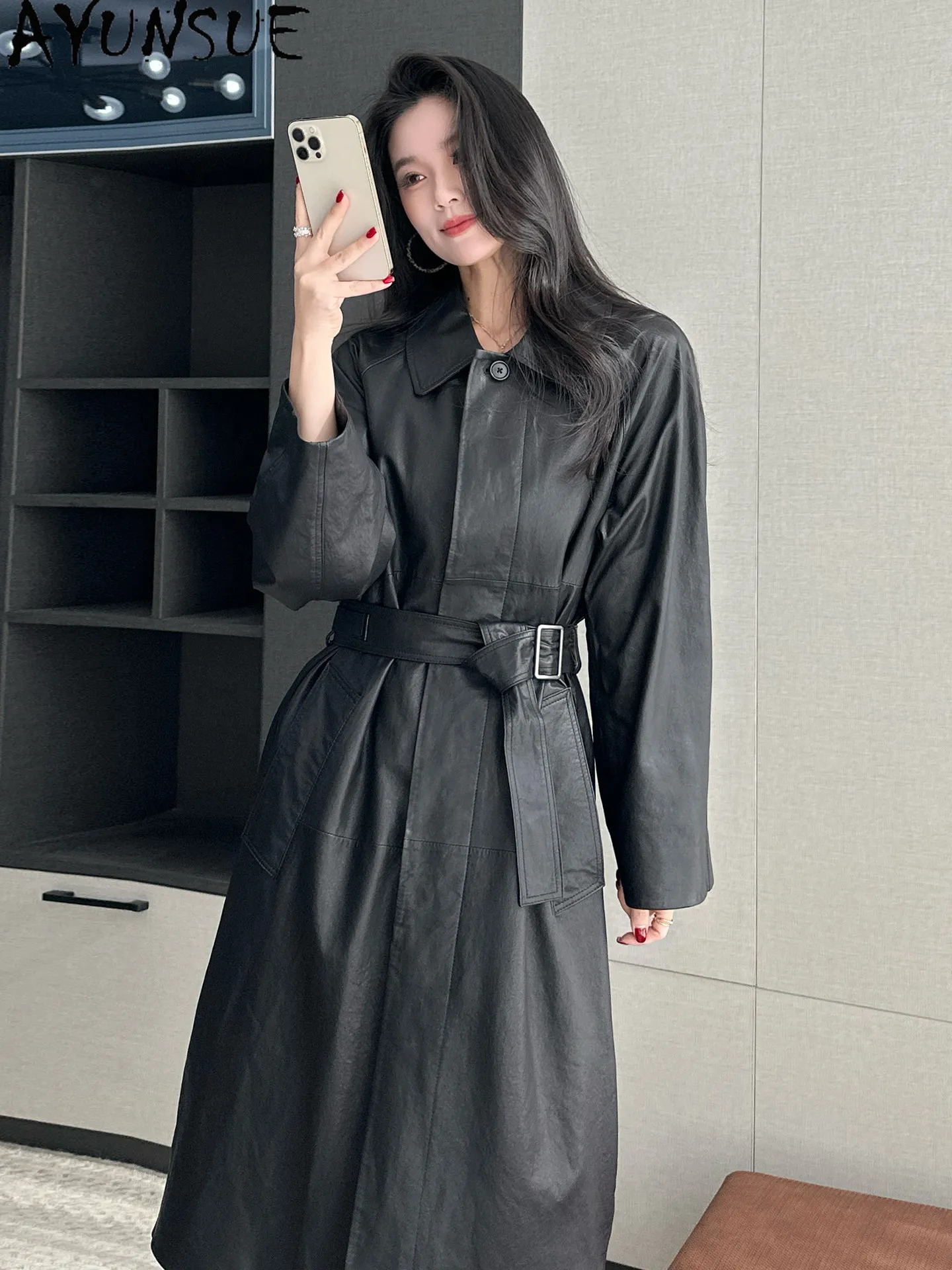 AYUNSUE 100% Sheepskin Real Leather Jacket Women Autumn Clothes Over Knee Trench Coat Woman Loose Fit Belt Vegetable Tanning