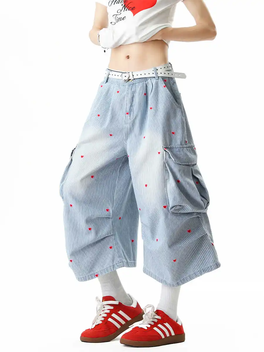 

Y2k Baggy Vintage Blue Jorts Women High Waist American Streetwear Wide Leg Knee Length Jeans Casual Loose Summer Denim Shorts