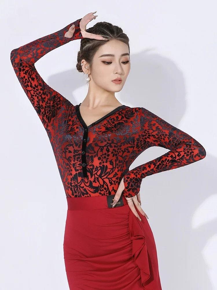 

Платье для латинских танцев 2025 года, одежда, костюмы для бальных танцев, высококачественный танцевальный топ, тренировочный наряд, женское сетчатое платье для бальных танцев