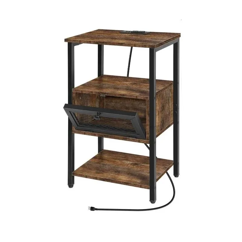 Nightstand with Charging Station, End Table with Power Outlets and USB Ports, Farmhouse Side Table with Drawer and Storage Shelf