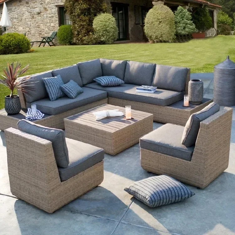 

Hot selling wholesale cheap PE rattan wicker aluminum sectional outdoor patio balcony hotel beach garden L shape sofa set