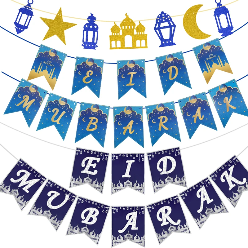 

Eid Mubarak Banner Ramadan Decoration Gold Moon Paper Banner Hanging Garland Flag Muslim Islamic Home Party Decor 2024 Eid Gift