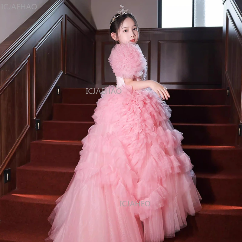 Pink Girls Birthday Dress with Train Puffy Party Celebration Gown Children Eid Gifts Princess Gown Kids Host Performance Formal