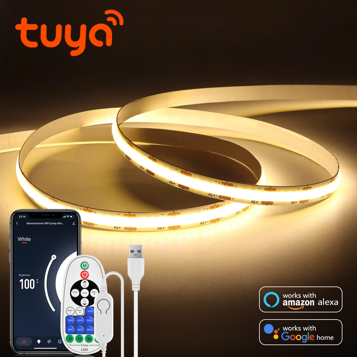 USB 5V Tuya Smart Life Wifi COB LED Strip Lights APP Voice Control LED Tape Light Bedroom Decor Work with Google Assistant Alexa