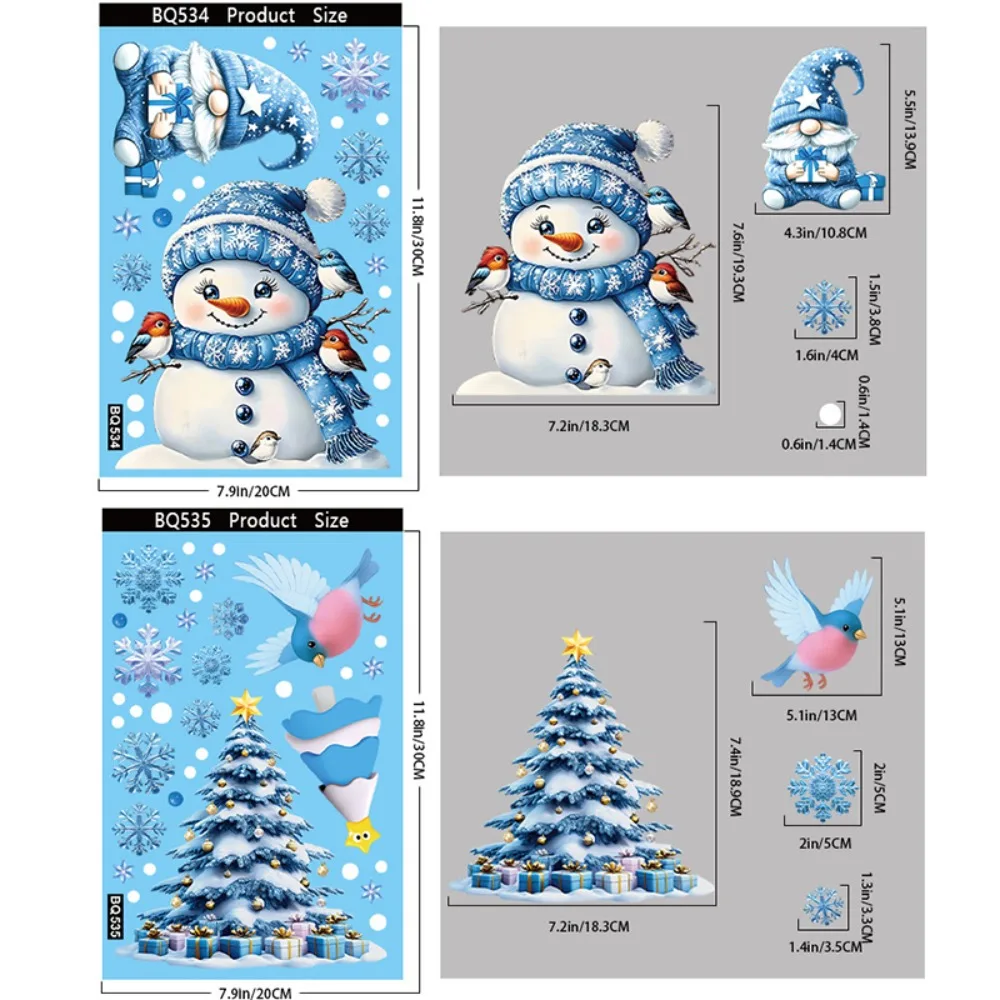 2PCS Santa Snowman Christmas Window Stickers Static Cling Blue Glass Static Stickers Cartoon Double Side Printed Window Decals