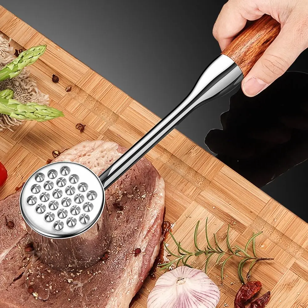 Stainless Steel Meat Mallet Hammer Wooden Handle Hanging Hole Loose Meat Tenderizer Double-side non-slip Meat Loosening Hammer