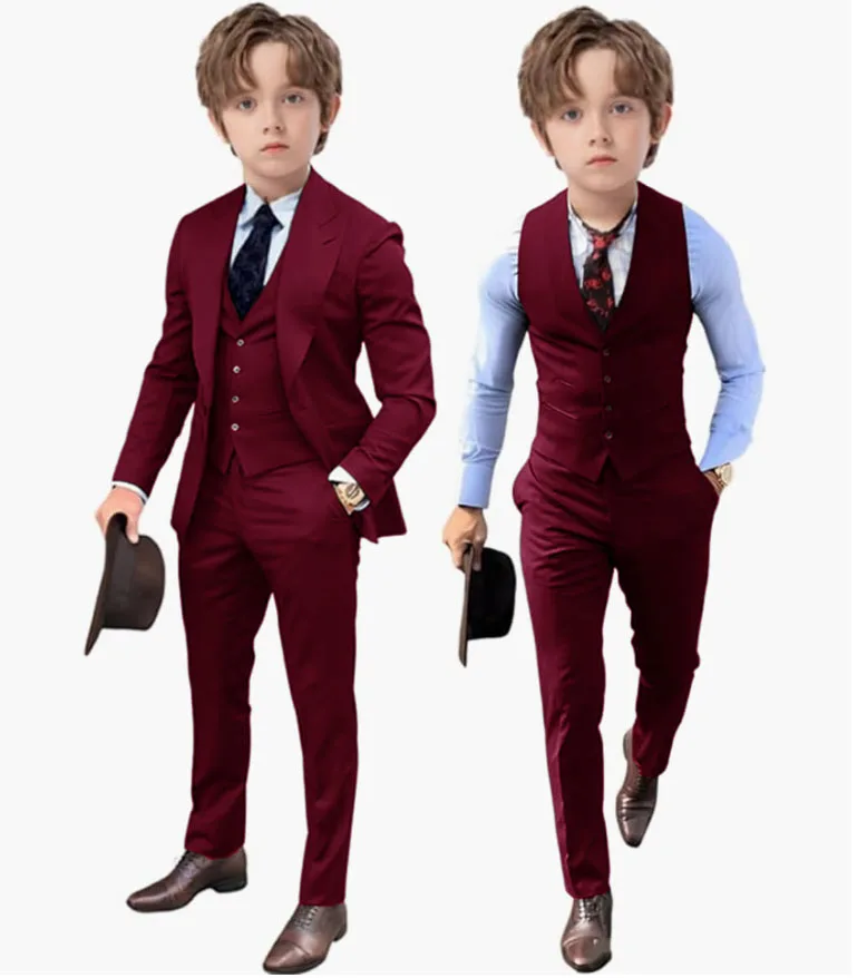 Brown Boys Suits Jacket Pants Vest 3 Piece Set Formal Wedding Tuxedo Fashion Clothes for Kids Peak Lapel Blazer Child