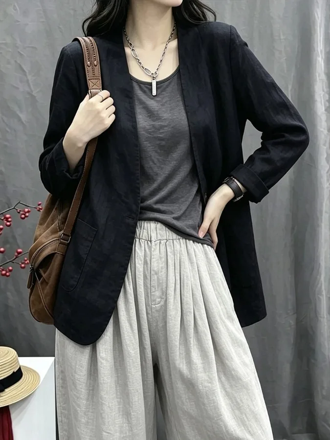 Casual Cotton Linen Long Sleeve No Collar Jacket Pure Color Men's Suit Top Brand New 2026 Women's Fashion Outerwear