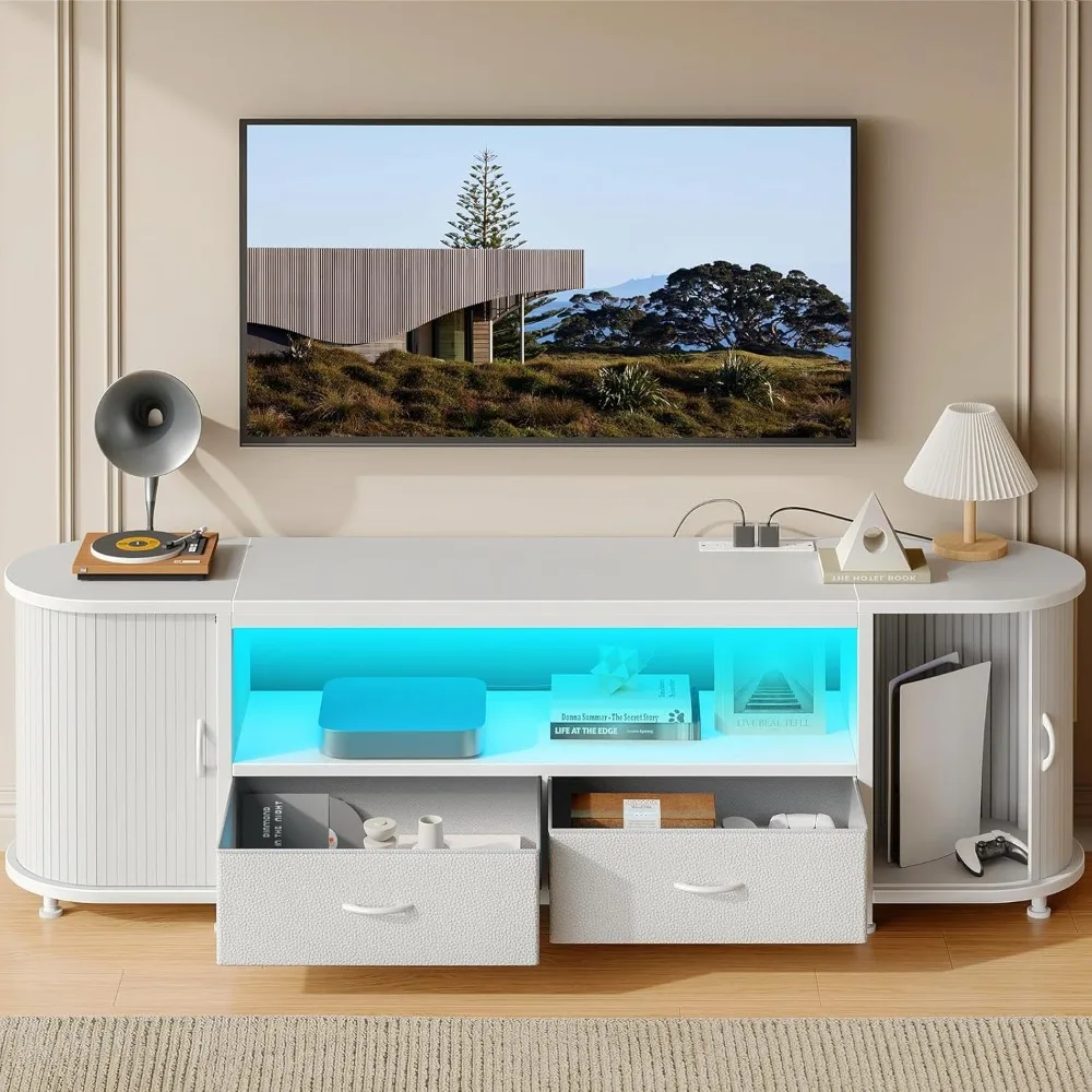 

TV Stand for 55 60 inch TV, Entertainment Center with Power Outlet and LED, 2 Fabric Drawers TV Console with 2 Cabinet
