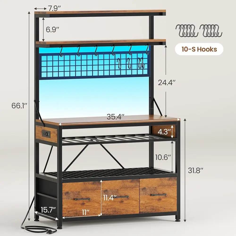 Itaar Bakers Rack with Storage and Power Outlet, 35.4 inch Coee Bar Cabinet, Microwave Stand Kitchen Cabinet with Hutch, LED Lig