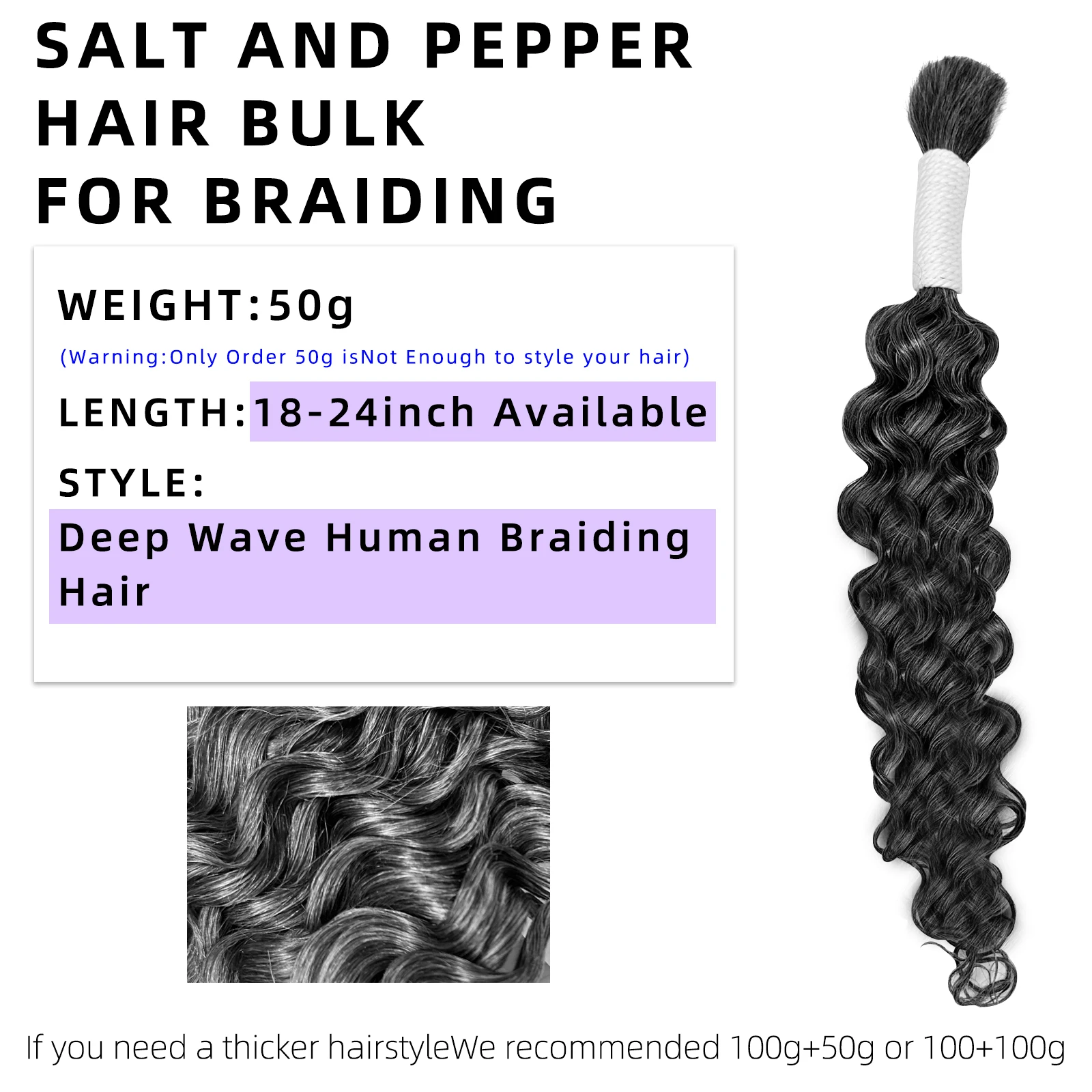 Boho Hair for Braiding, Deep Water Wave Braiding Hair, No Traft Hair, Grey Curly Braids