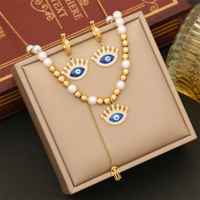 316L Stainless Steel New Fashion Fine Jewelry Zircon Pearl Palm Eyes Eyelash Charm Chain Necklaces Bracelets Earrings For Women