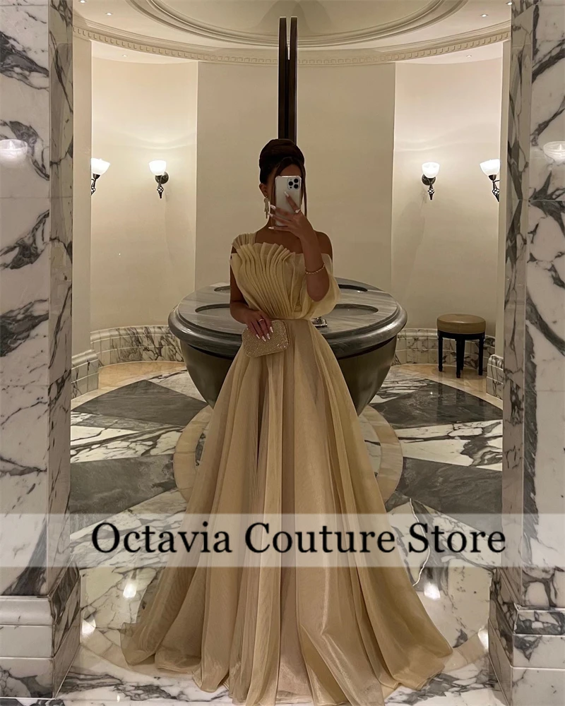 

Customized Champagne A Line Organza Evening Dresses For Women Pleated Formal Party Gowns Saudi Special Occasion Prom Dress 2025