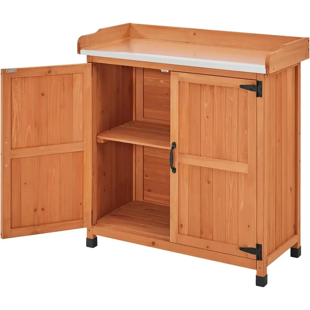 Potting Bench Table - Wooden Storage Cabinet with Removable Shelf & Flexible Space & Metal-Plated Tabletop