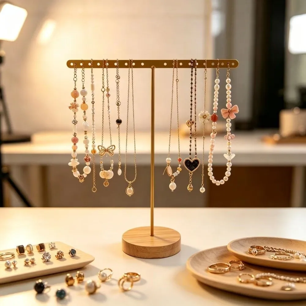 T-Shaped Necklace Storage Rack Round Base Iron Frame Earrings Holder Stable Space Saving Bracelet Organizer Home Decoration