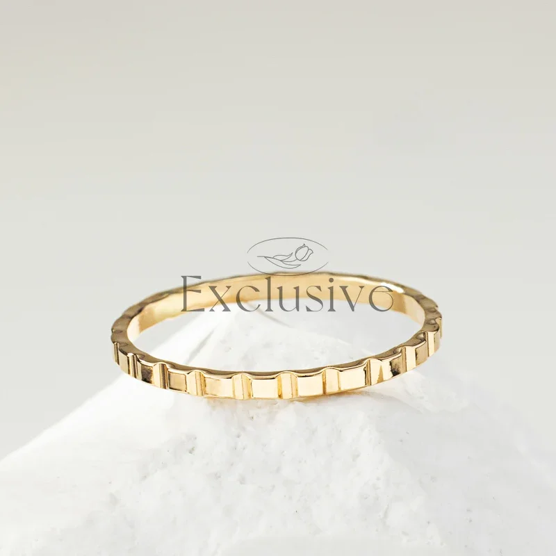 14K gold-wrapped three-dimensional square texture plain ring, female European and American stacked tail ring