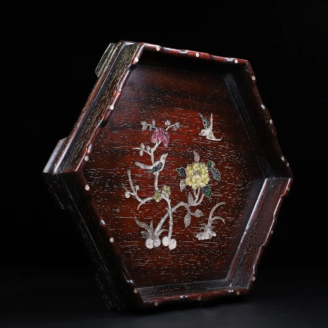 Rosewood Tea With Inlaid Shells And Hexagonal Curved Edges Storage Tray 4