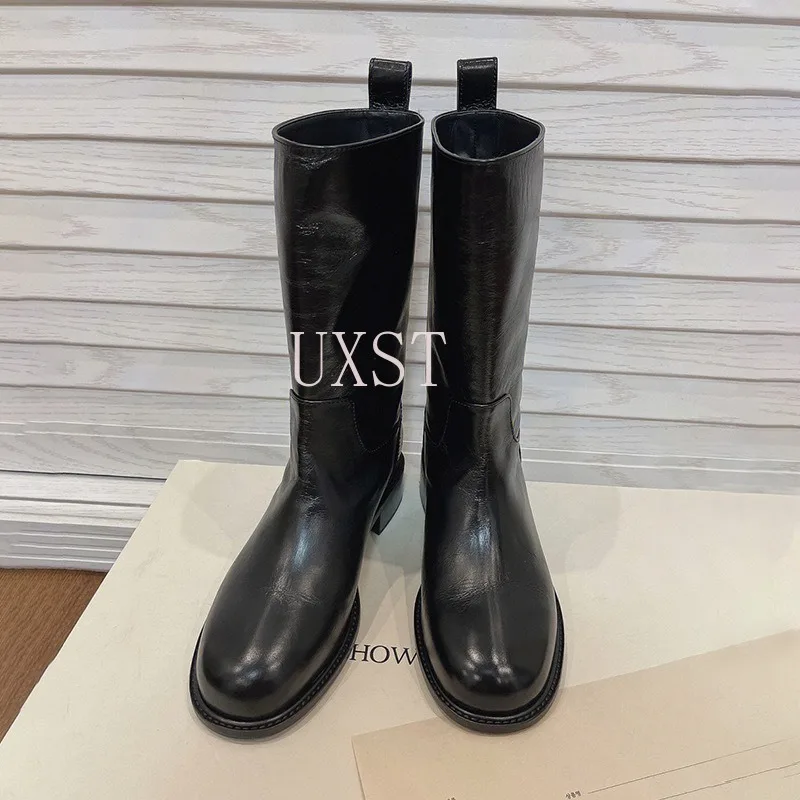 

Women's Western Boots Genuine Leather Mid-Calf Boots Retro Low Heel Straight Fashion Riding Boots Fleece Lined for Warmth
